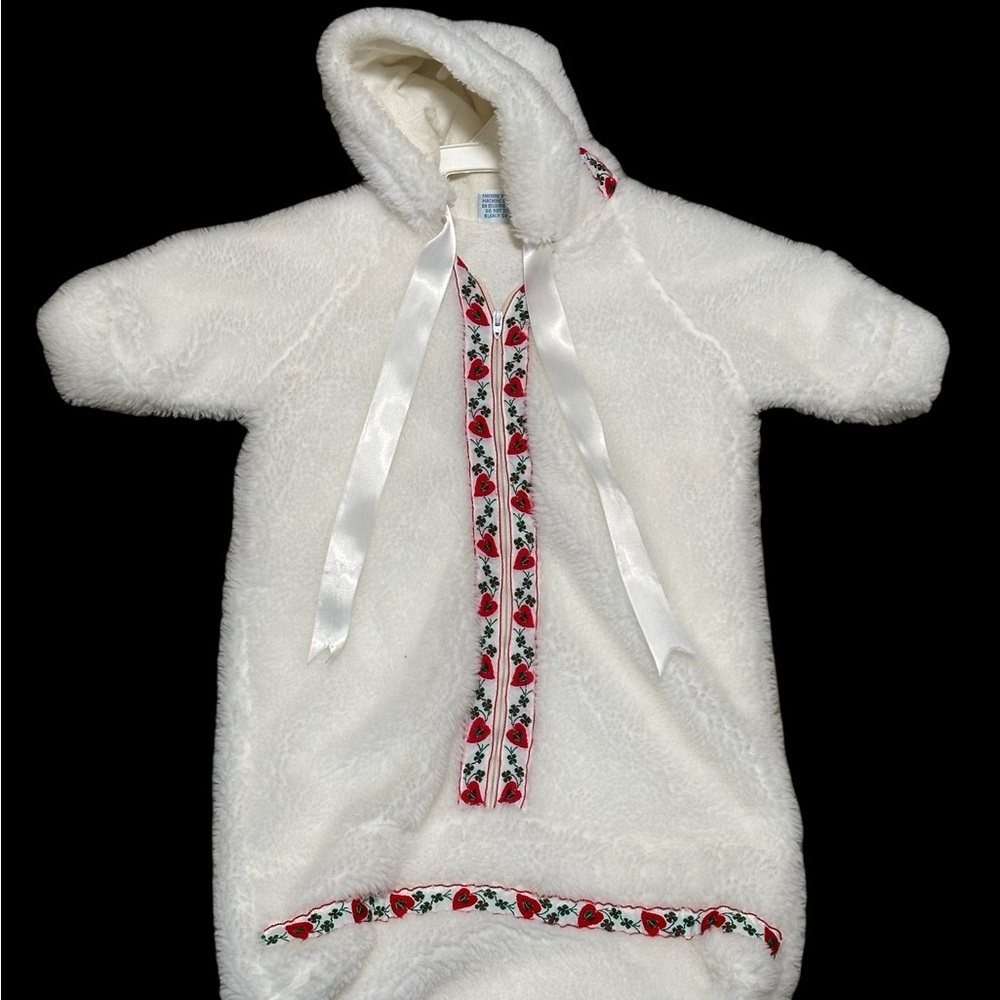 Vintage Baby Infant Newborn Tot Lines Bunting Faux Fur White Zippered Hoodie - Picture 2 of 8